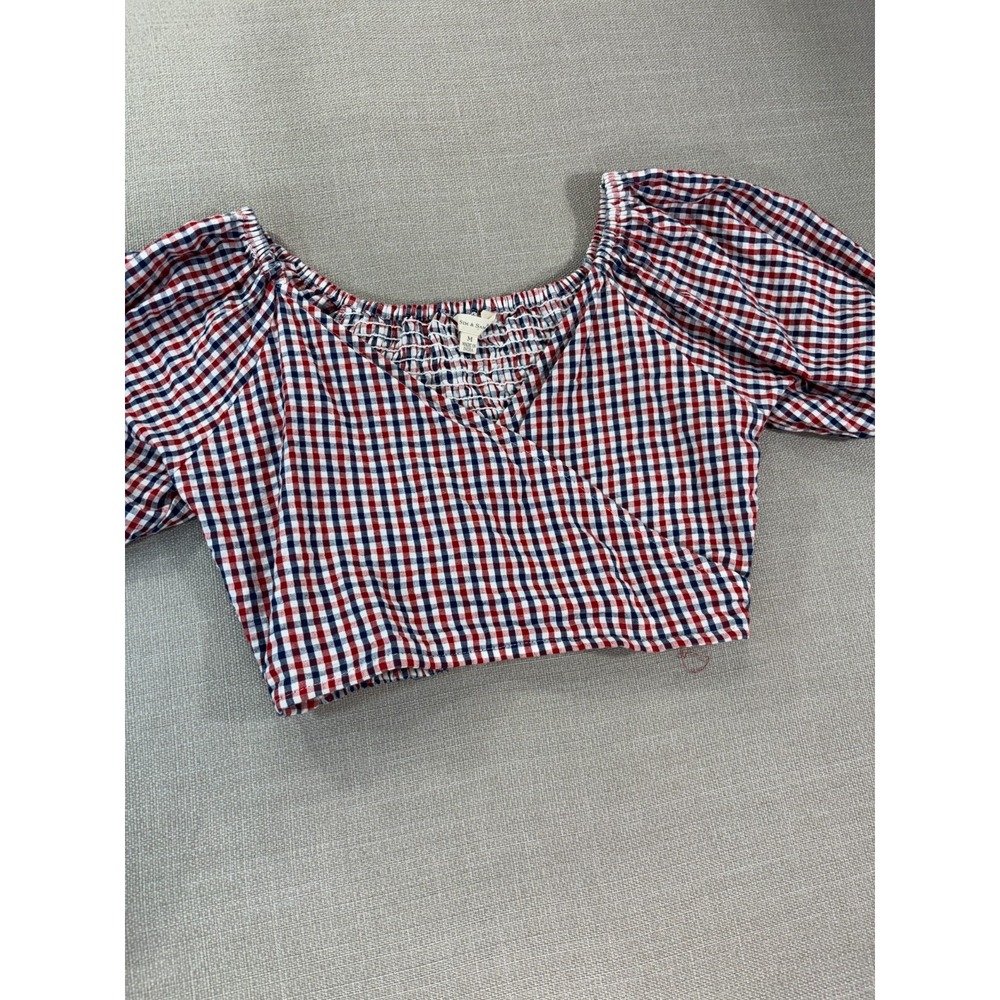 Sim & Sam Puff Sleeve Gingham Crop Top - Fourth Of July - Size Medium